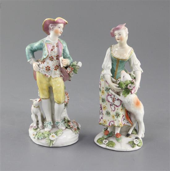 A near pair of Derby figures a shepherd and shepherdess, c. 1760, h. 15.5cm, some restoration